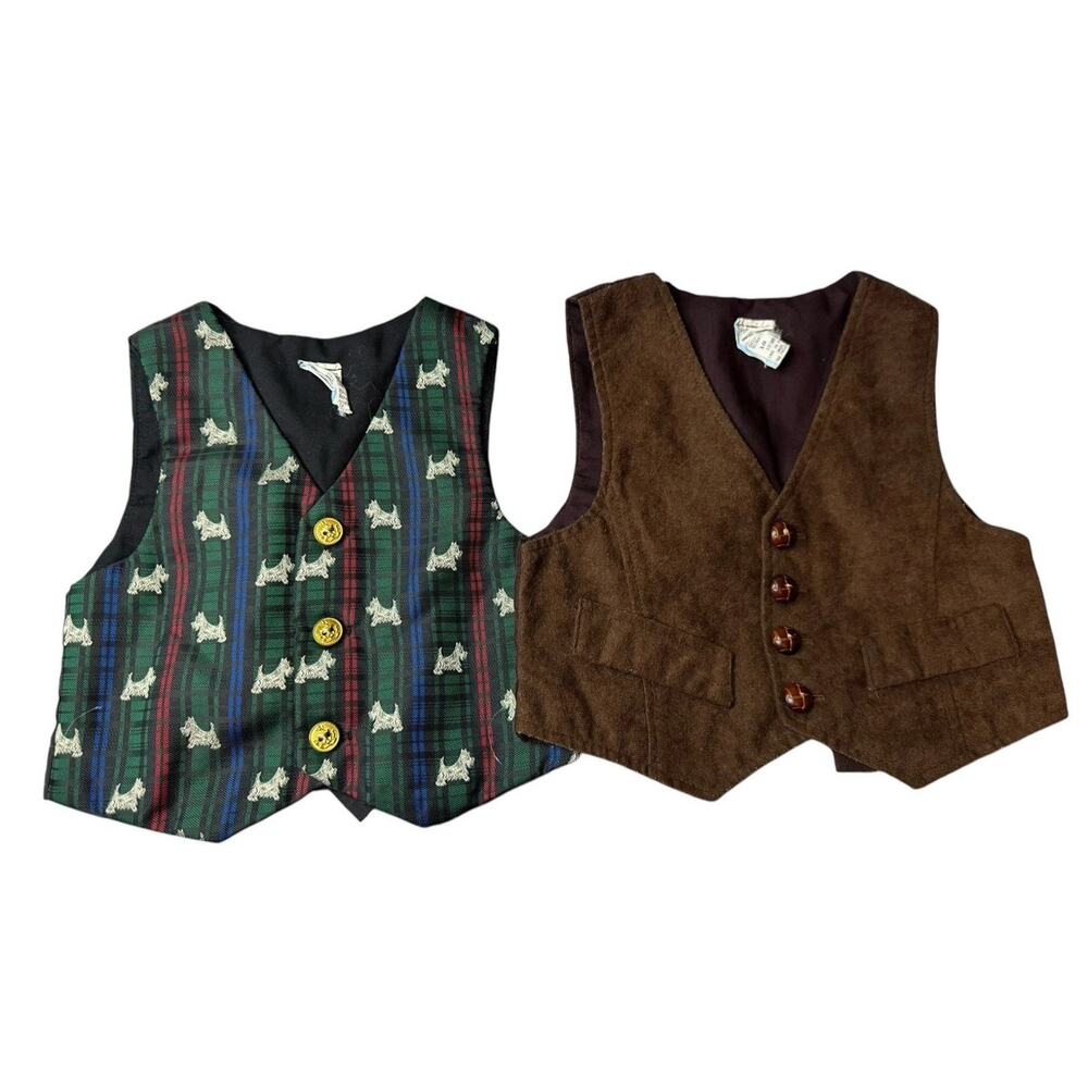 Vintage Sz 18M 90s 2 Boys Dress Suit Vest Tartan Plaid Schnauzer Dog Faux Suede
